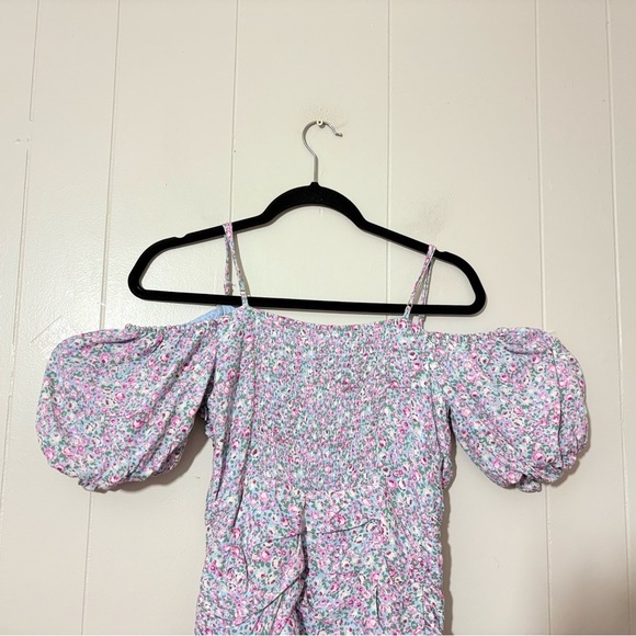 ASTR the Label Rushed Off Shoulder Blue Pink Ditsy Mini Floral Dress Size S - Picture 9 of 9